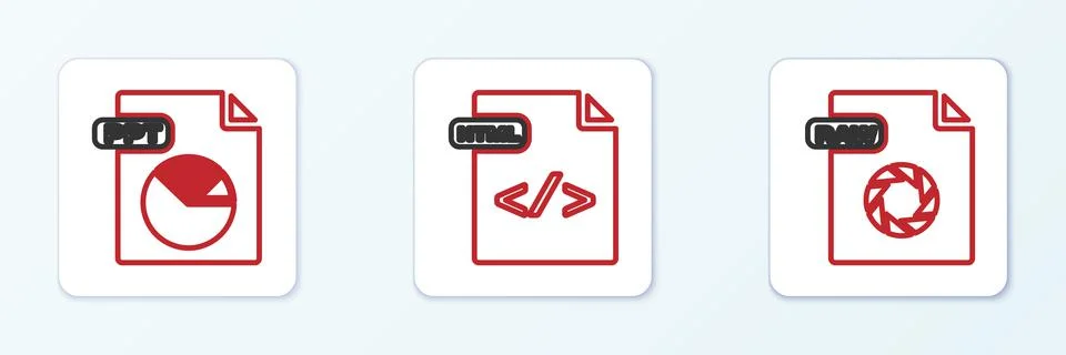 Set line RAW file document, PPT and HTML icon. Vector Stock Illustration