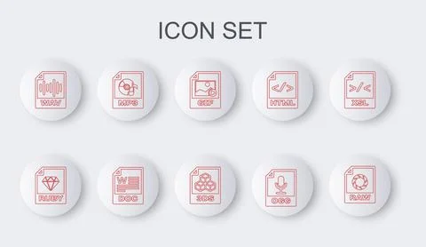 Set line RAW file document, RUBY, GIF, OGG, WAV, MP3, DOC and 3DS icon. Vecto Illustrazione stock