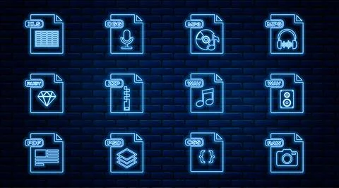 Set line RAW file document, WAV, MP3, ZIP, RUBY, XLS,  and OGG icon. Vector Illustrazione stock