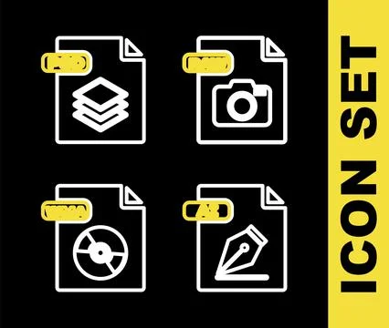 Set line RAW file document, AI, WMA and PSD icon. Vector Illustrazione stock