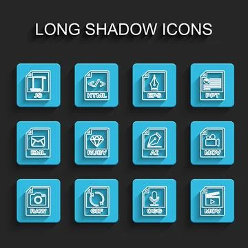 Set line RAW file document, GIF, JS, OGG, MOV, RUBY,  and AI icon. Vector Stock Illustration