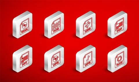 Set line RAW file document, PNG, MSG, PDF, MP3, WMA,  and PPT icon. Vector Stock Illustration