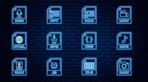 Set line RAW file document, MP3, DOC, EPS, HTML, OGG, CSS and PPT icon. Vecto Stock Illustration