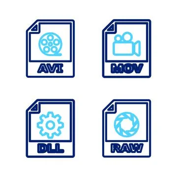 Set line RAW file document, DLL, MOV and AVI icon. Vector Stockillustratie