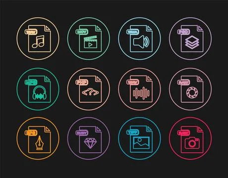 Set line RAW file document, WMA, PHP, MP3, WAV,  and MOV icon. Vector イラスト素材