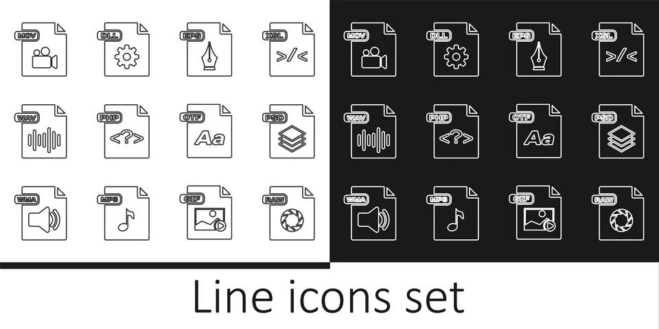 Set line RAW file document, PSD, EPS, PHP, WAV, MOV, OTF and DLL icon. Vector イラスト素材