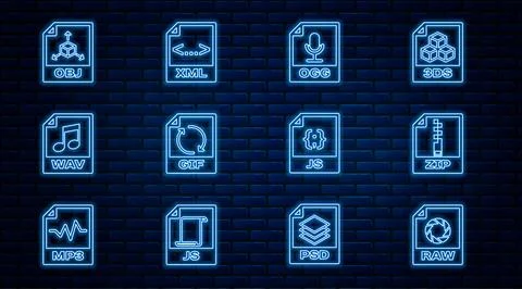 Set line RAW file document, ZIP, OGG, GIF, WAV, OBJ, JS and XML icon. Vector Stock Illustration