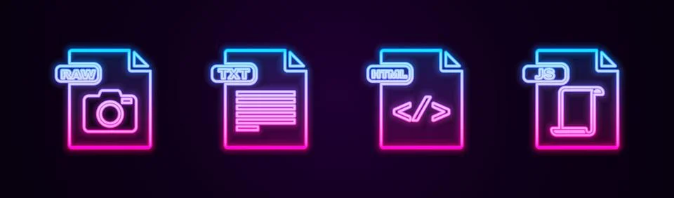 Set line RAW file document, TXT, HTML and JS. Glowing neon icon. Vector Stock Illustration