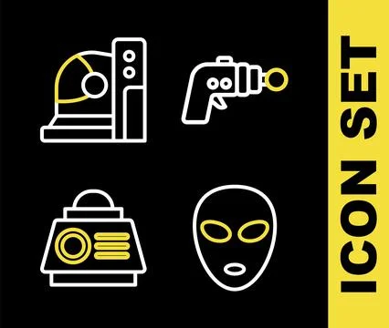 Set line Ray gun, Alien, Space capsule and Astronaut helmet icon. Vector 스톡 일러스트