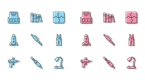 Set line Ray gun, Audio jack, Waistcoat, Table lamp, Fountain pen nib, Pant.. Ilustração Stock