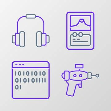 Set line Ray gun, Binary code, Card game and Headphones icon. Vector Illustrazione stock