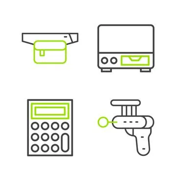 Set line Ray gun, Calculator, Old video cassette player and Waist bag of ba.. Stock Illustration