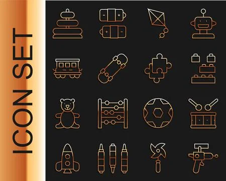 Set line Ray gun, Drum with drum sticks, Toy building block bricks, Kite Ilustración de archivo