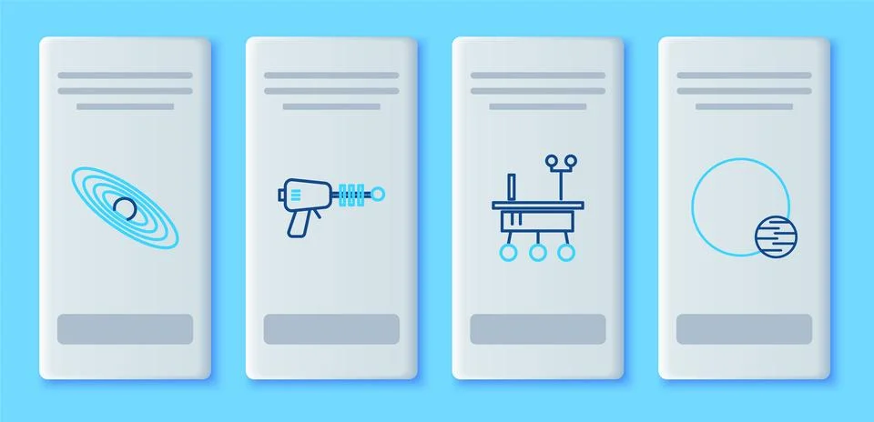 Set line Ray gun, Mars rover, Planet and  icon. Vector Illustrazione stock