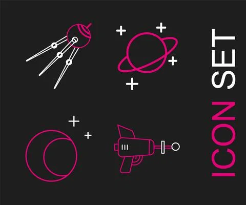 Set line Ray gun, Moon and stars, Planet and Satellite icon. Vector Ilustração Stock
