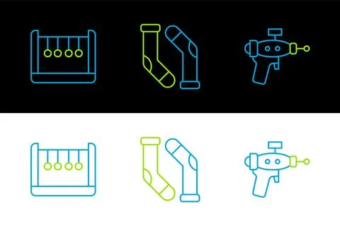 Set line Ray gun, Pendulum and Socks icon. Vector Stock Illustration