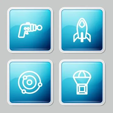 Set line Ray gun, Rocket ship, Solar system and Box flying on parachute icon 스톡 일러스트
