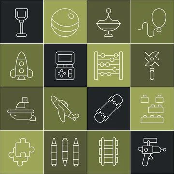 Set line Ray gun, Toy building block bricks, Pinwheel toy, Whirligig, Tetris Stock Illustration