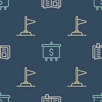 Set line Reading book, Flag and Target with dollar on seamless pattern. Vector Stock Illustration