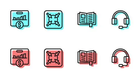 Set line Reading book, Key performance indicator, Target and Headphones icon Stock Illustration