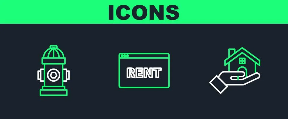 Set line Realtor, Fire hydrant and Hanging sign with text Online Rent icon... Ilustración de archivo