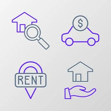 Set line Realtor, Location key, Car rental and Search house icon. Vector Stock Illustration