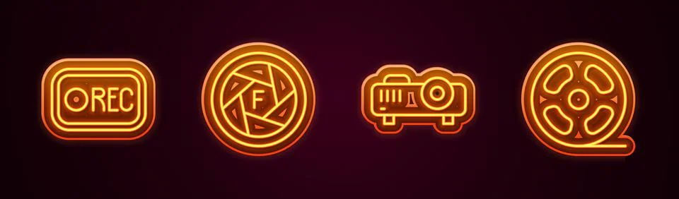 Set line Record button, Camera shutter, Movie, film, media projector and Film Stock Illustration