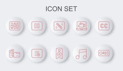 Set line Record button, Cinema camera, Photo retouching, Music note, tone, Sound Stock Illustration