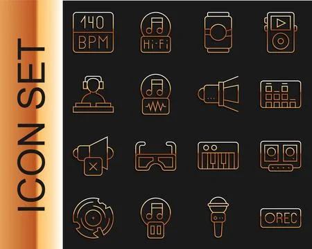 Set line Record button, DJ remote and mixing music, Music equalizer, Beer can Stock Illustration