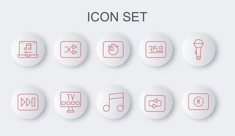 Set line Record button, Fast forward, Stopwatch, Repeat, Laptop with music Stock Illustration