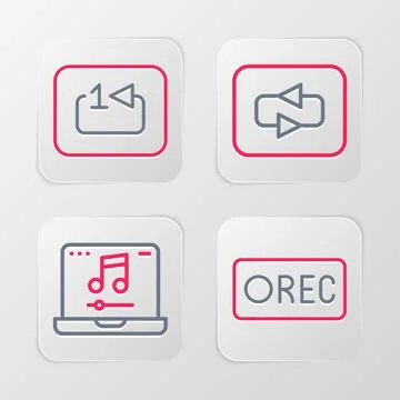 Set line Record button, Laptop with music, Repeat and track player icon. Vector Illustrazione stock