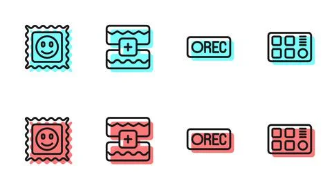 Set line Record button, LSD acid mark, Music wave equalizer and Drum machine Stock Illustration