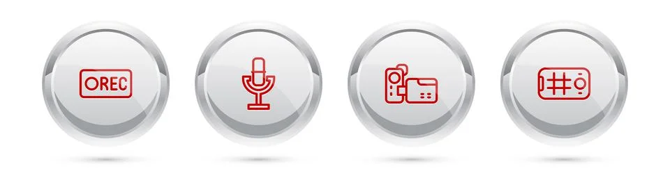 Set line Record button, Microphone, Cinema camera and Selfie mobile. Silver Stock Illustration