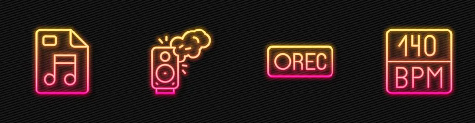 Set line Record button, MP3 file document, Stereo speaker and Bitrate. Glow.. Stock Illustration