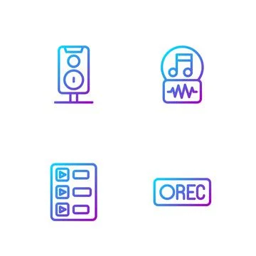 Set line Record button, Music playlist, Stereo speaker and note, tone. Gradient Stock Illustration