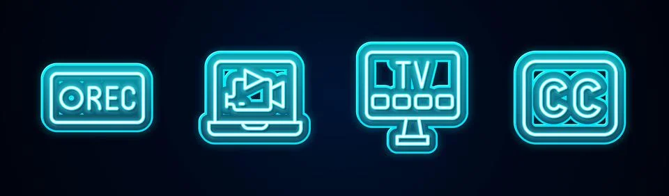 Set line Record button, Online play video, Smart Tv and Subtitles. Glowing .. Stock Illustration