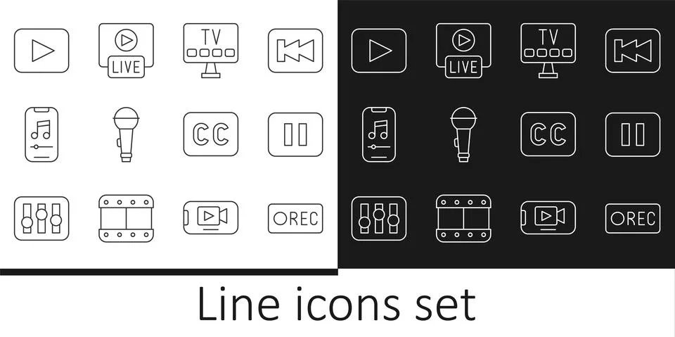 Set line Record button, Pause, Smart Tv, Microphone, Music player, Play Stock Illustration