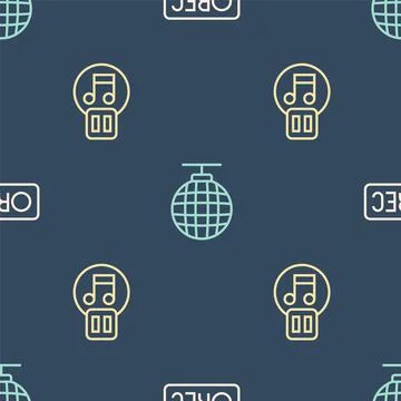 Set line Record button, Pause and Disco ball on seamless pattern. Vector Stock Illustration