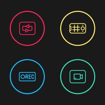 Set line Record button, Play video, Selfie mobile and Repeat icon. Vector Stock Illustration
