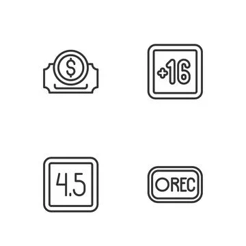 Set line Record button, Rating movie, Cinema ticket and Plus 16 icon. Vector 스톡 일러스트