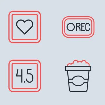 Set line Record button, Rating movie, Popcorn cardboard box and Like heart .. Illustrazione stock