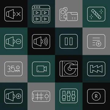 Set line Record button, Rewind, Add playlist, Cinema camera, Speaker volume Stock Illustration