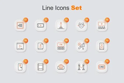 Set line Record button, Rope barrier, Cinema ticket, Play video, Backstage,.. Illustrazione stock
