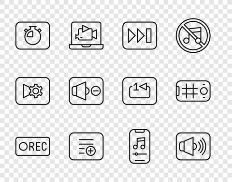 Set line Record button, Speaker volume, Fast forward, Add playlist, Stopwatch Illustrazione stock