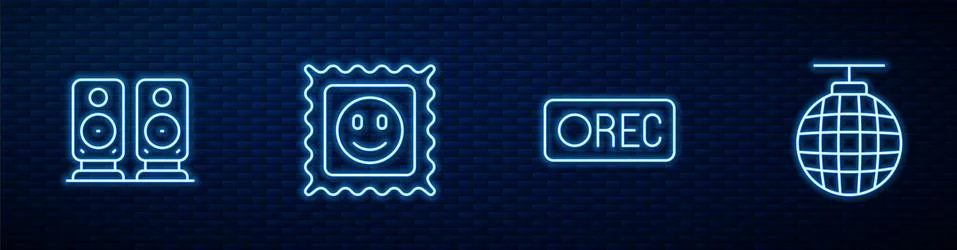 Set line Record button, Stereo speaker, LSD acid mark and Disco ball. Glowing Stock Illustration