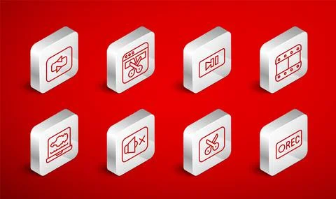 Set line Record button, Video recorder editor, Pause, Play video, Music editing Illustrazione stock