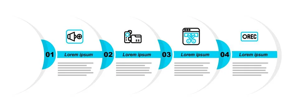 Set line Record button, Video recorder editor, Cinema camera and Speaker volume Stock Illustration