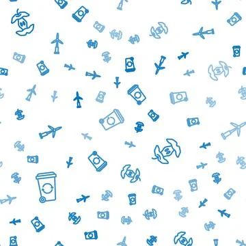 Set line Recycle bin, Apple core and Wind turbine on seamless pattern. Vector Illustrazione stock