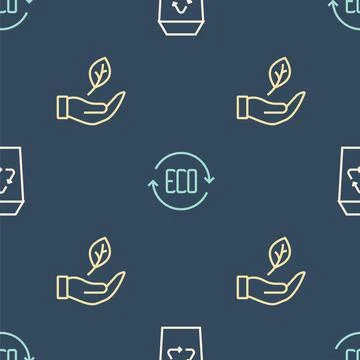 Set line Recycle bin, Leaf hand and Eco symbol on seamless pattern. Vector Stockillustratie