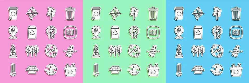 Set line Recycle bin, The problem of pollution, Leaf Eco symbol, Tree, Location Stock-Illustration